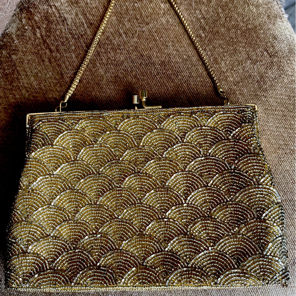 Vintage Gold Color Beaded Rainbow Design Evening Purse Bag.